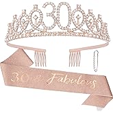 CAVETEE Rose Gold 30th Birthday Tiara and Sash Set for Women - Fabulous Birthday Queen Crowns and Sash
