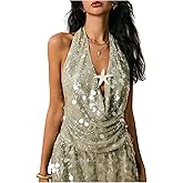 SHENHE Women's Sequin Halter Top Sparkly Open Back Draped Low Cut Sexy Rave Clubbing Top Tank