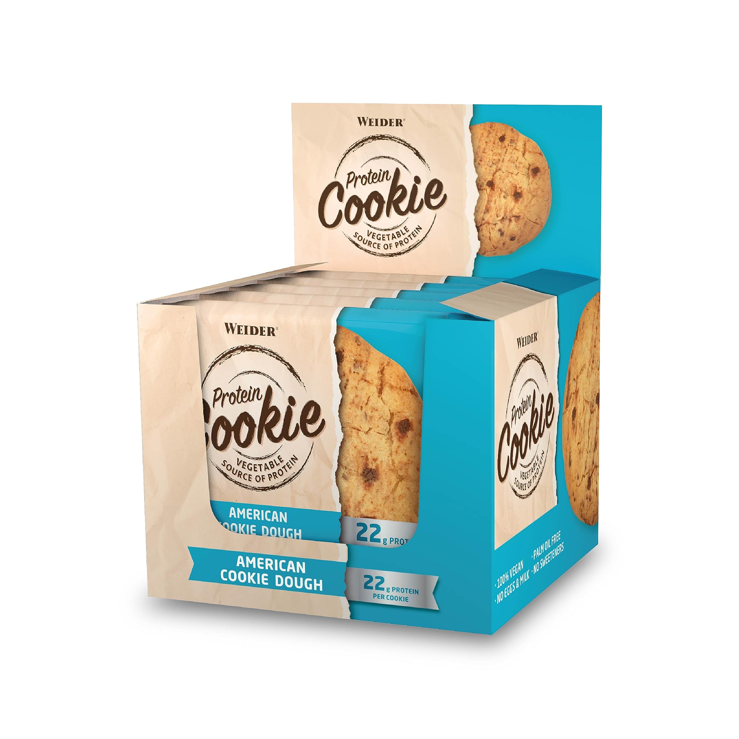 WEIDER Vegan Protein Cookie 90g, All American Cookie Dough, box of 12 delicious baked protein cookies, fitness snack