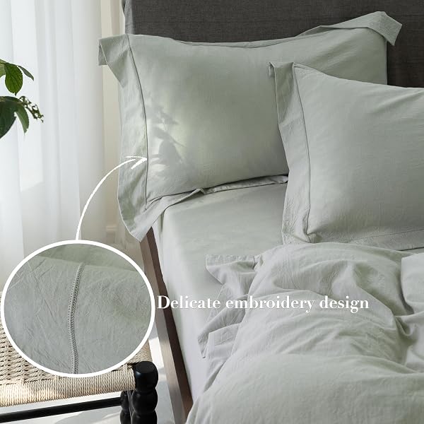 ELIMMO COOLING KING DUVET COVER SET 3 PIECES-100% WASHED COTTON WITH CHIC WIDE TRIM DESIGN LINEN LIKE TEXTURED ULTRA SOFT COZY BEDDING WITH ZIPPER CLOSURE(HEMMED SAGE GREEN,KING 104″X90″)