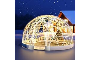 MAPONEEN 12FT Garden Dome Tent, Geodesic Dome Greenhouse with PVC Clear Cover, Waterproof Garden Bubble Dome Tent House with 2 x 10M Light Strings for Outdoor, Patio, Backyard, Party (White Edge, 12FT/3.6M)