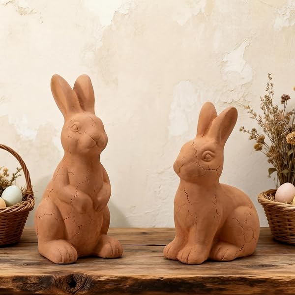 FOLDTIER 2 PCS EASTER TERRACOTTA BUNNY FIGURINES DECORATIONS HANDMADE RUSTIC RABBIT STATUES EASTER VINTAGE STANDING SITTING RABBIT FARMHOUSE BUNNY DECOR FOR SPRING HOME INDOOR TABLE SHELF CENTERPIECE