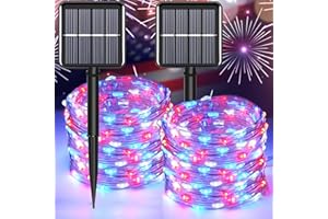 YAOZHOU 4th of July Patriotic Decorations,Red White Blue Solar Fairy String Lights Outdoor Waterproof, 2Pack Total 200LED 66Ft,IP67 8 Modes Outside Memorial Day for Garden,Patio, Yard