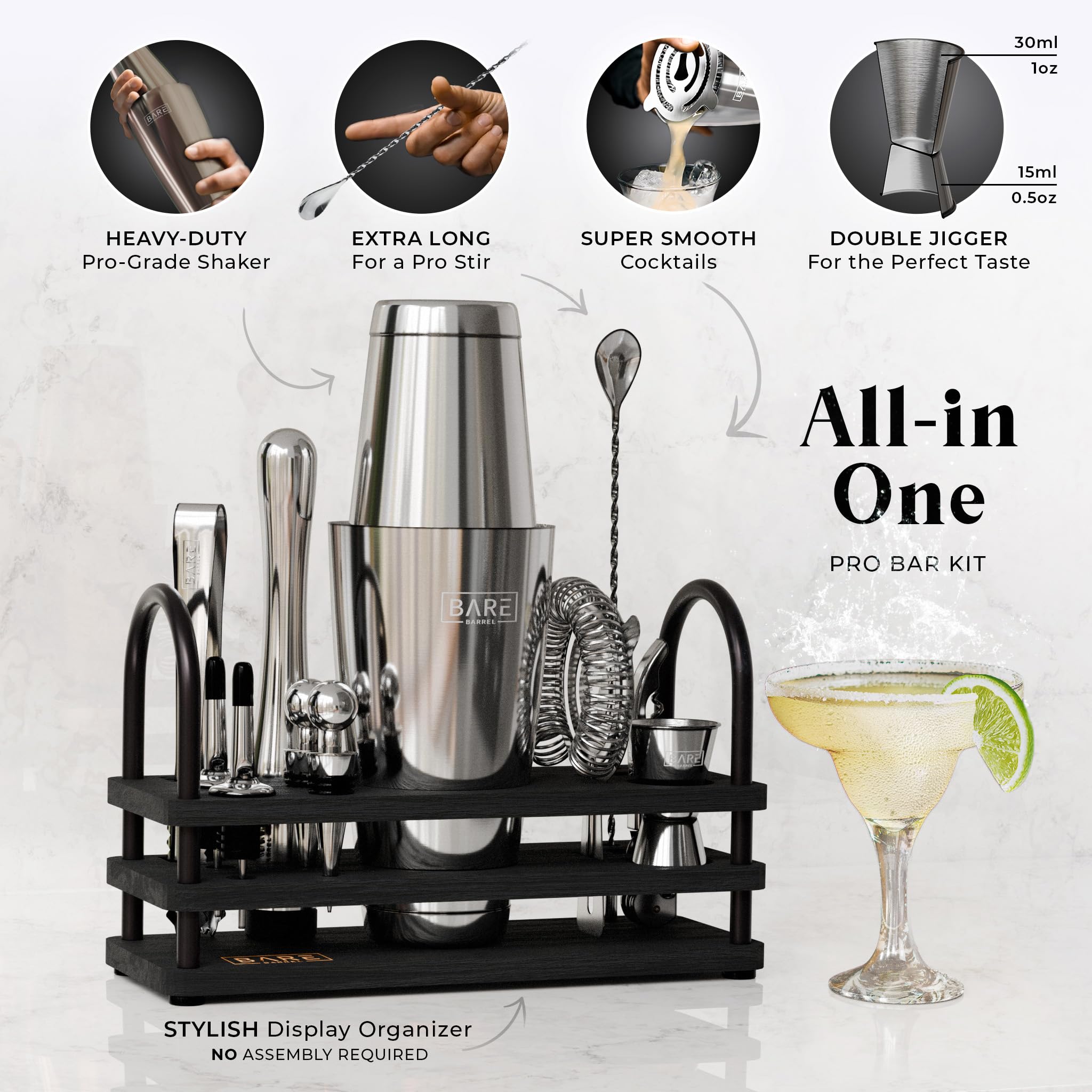 BARE BARREL® Mixology Bartender Kit Bar Set | 14-Piece Cocktail Shaker Set | Martini Barware Mixing Tools for Home Bartending | 35 Recipe Cards | Gift Set (28oz Boston Shaker, Silver/Black)