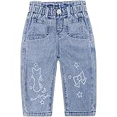 KIDSCOOL SPACE Baby Girls Jeans,Elastic Waist Cat Printed Denim Pants