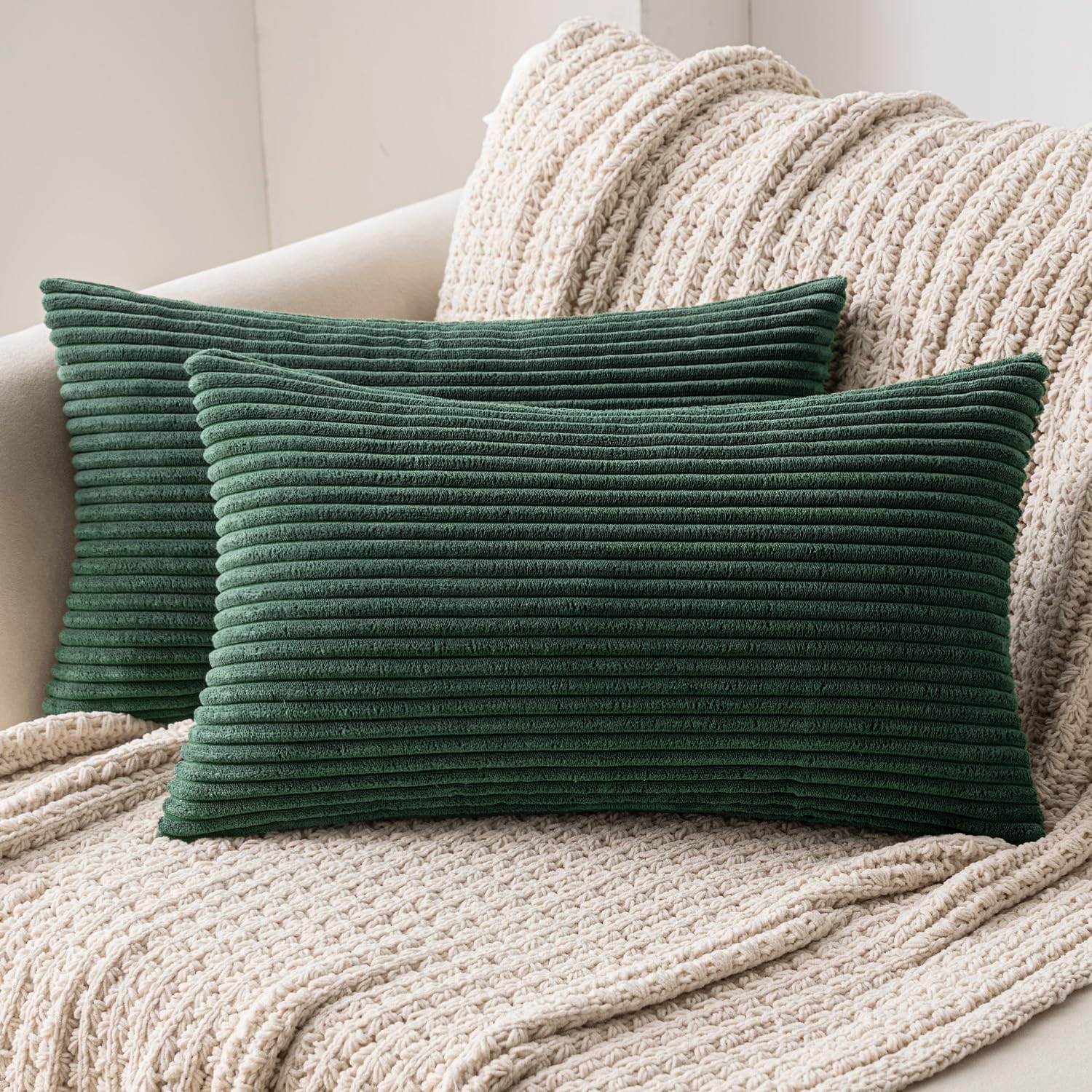 MIULEE Set of 2 Striped Corduroy Square Throw Pillow Case Soft Cushion Cover Sham Home for Sofa Chair Couch/Bedroom Decorative Fluffy Large Pillowcases 12x20 Inch 30x50cm Dark green — image 1