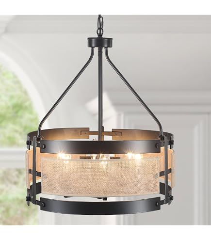 Fminlla 4-Light Black Drum Chandelier - Modern Farmhouse Gold Accent Linen Shade Adjustable Rod