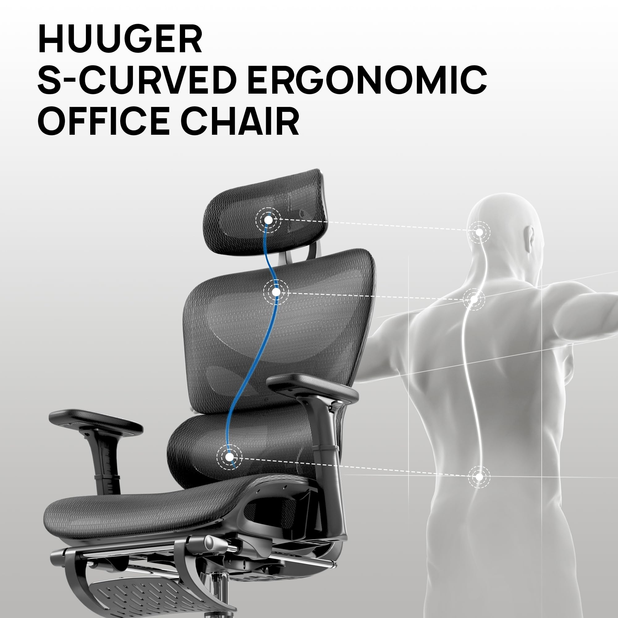 Huuger Mesh Office Chair with Footrest, Ergonomic Desk Chair with Lumbar Support, Comfortable, Multi-tilt Angle Backrest, Headrest and 3D Armrest, Large Steel Base, Black - Image 2