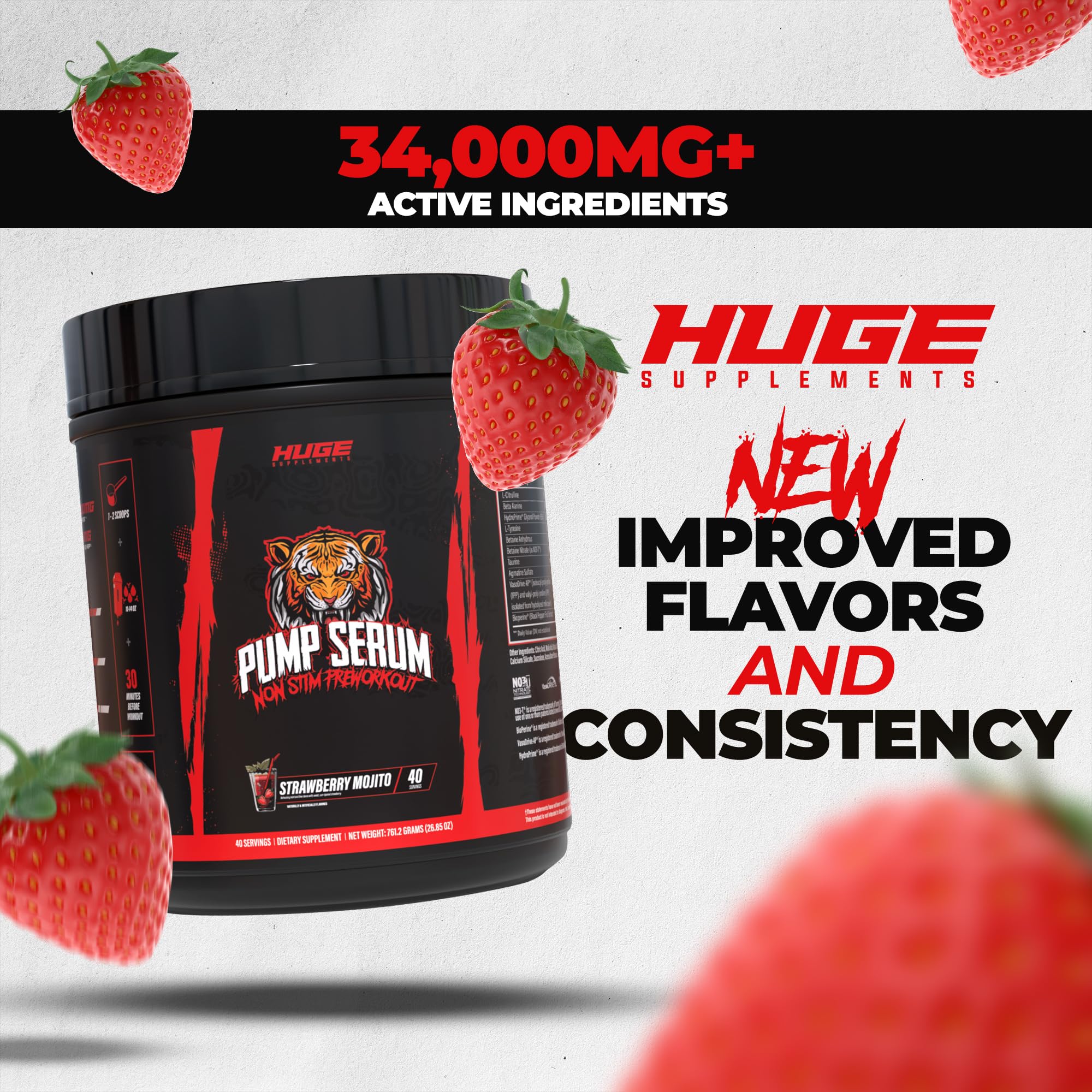 Huge Supplements Pump Serum, Stim Free Pre Workout and Nitric Oxide Booster to Enhance Focus, Pumps, Fulness with No Caffeine, L-Citrulline, GlycerPump, L-Tyrosine, Nitrosigine (Strawberry Mojito)