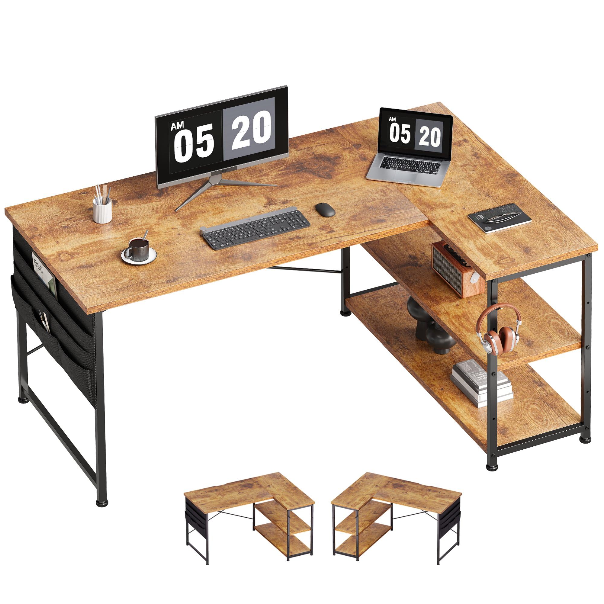 YeTom パソコンデスク 机 学習机 右棚左棚 幅107cm ゲーミングデスク l字デスク pcデスク 収納袋付き勉強机 コーナーデスク 本棚付き ビンテージ商品画像