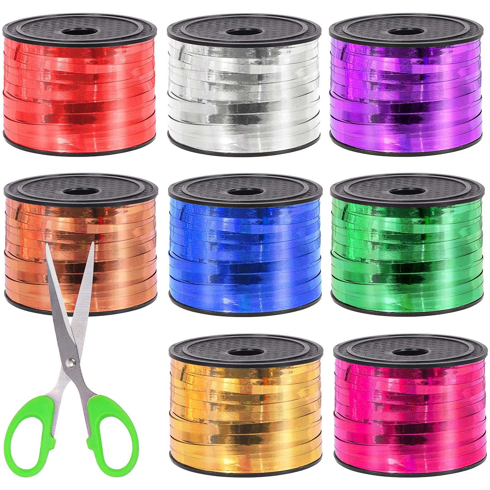 Swpeet 9Pcs 1/5" Wide x 100 Yards Christmas Ribbon with Scissors Kit, 8 Colors Crimped Curling Ribbon Balloon Ribbon Gift Wrap for Gift Wrapping Party Festival Art Decoration Supplies