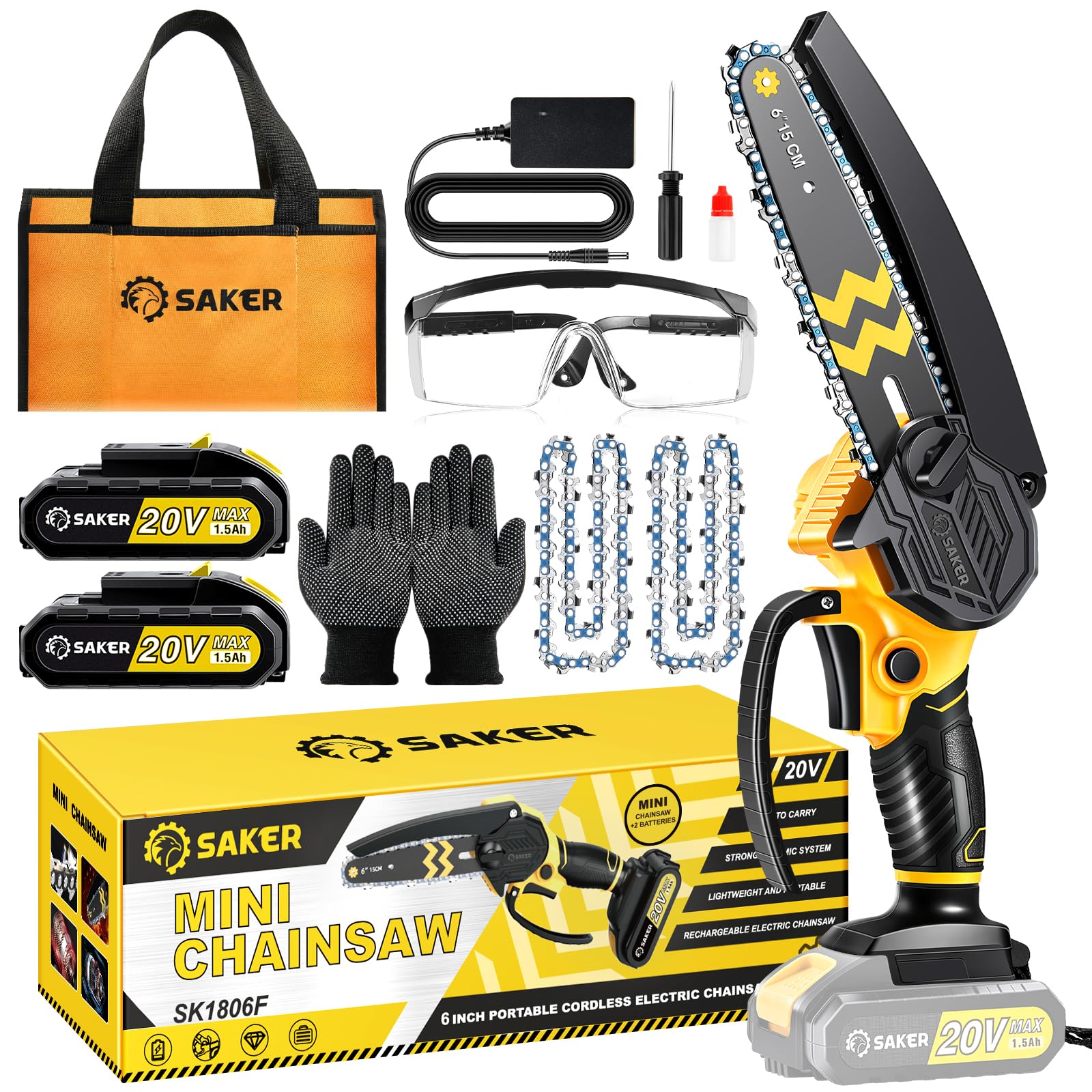 Saker Mini Chainsaw Cordless 6-Inch-Switch Security Lock-Cordless Power Chain Saws-Handheld Small Chainsaw for Cutting Wood Trimming and Woodworking- Mini Chain Saw Cordless with 2 Batteries