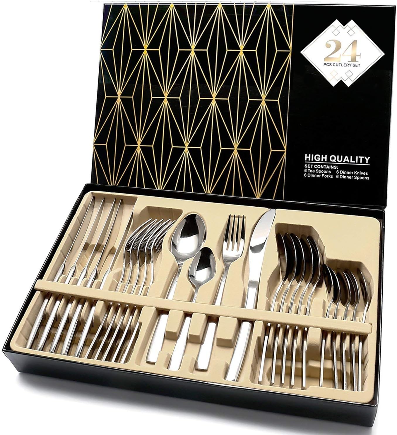 Flatware Set,24PC Stainless Steel Silverware Set,Cutlery Eating Utensil Set,Tableware Sets for Home,Kitchen,Loft,Restaurant,Cafe,Dorm,Camping,Wedding,Birthday,Party with Gift Box Serving for 6
