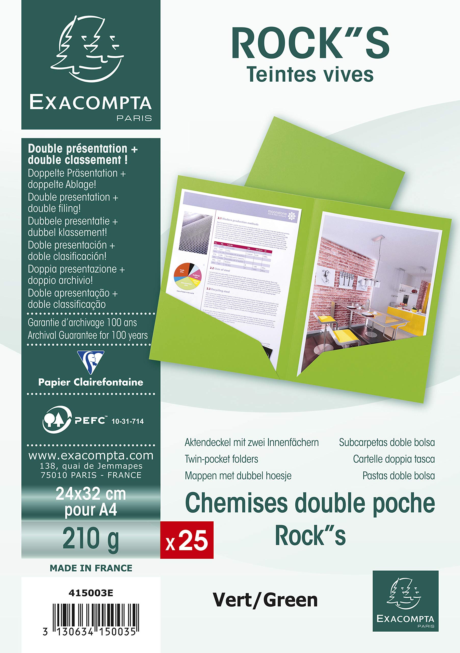 Exacompta - Ref 415003E - Rocks Collection - Double Pocket Folders - 240 x 320mm in Size, Suitable for A4 Documents, 210gsm Material - Green (Pack of 25)