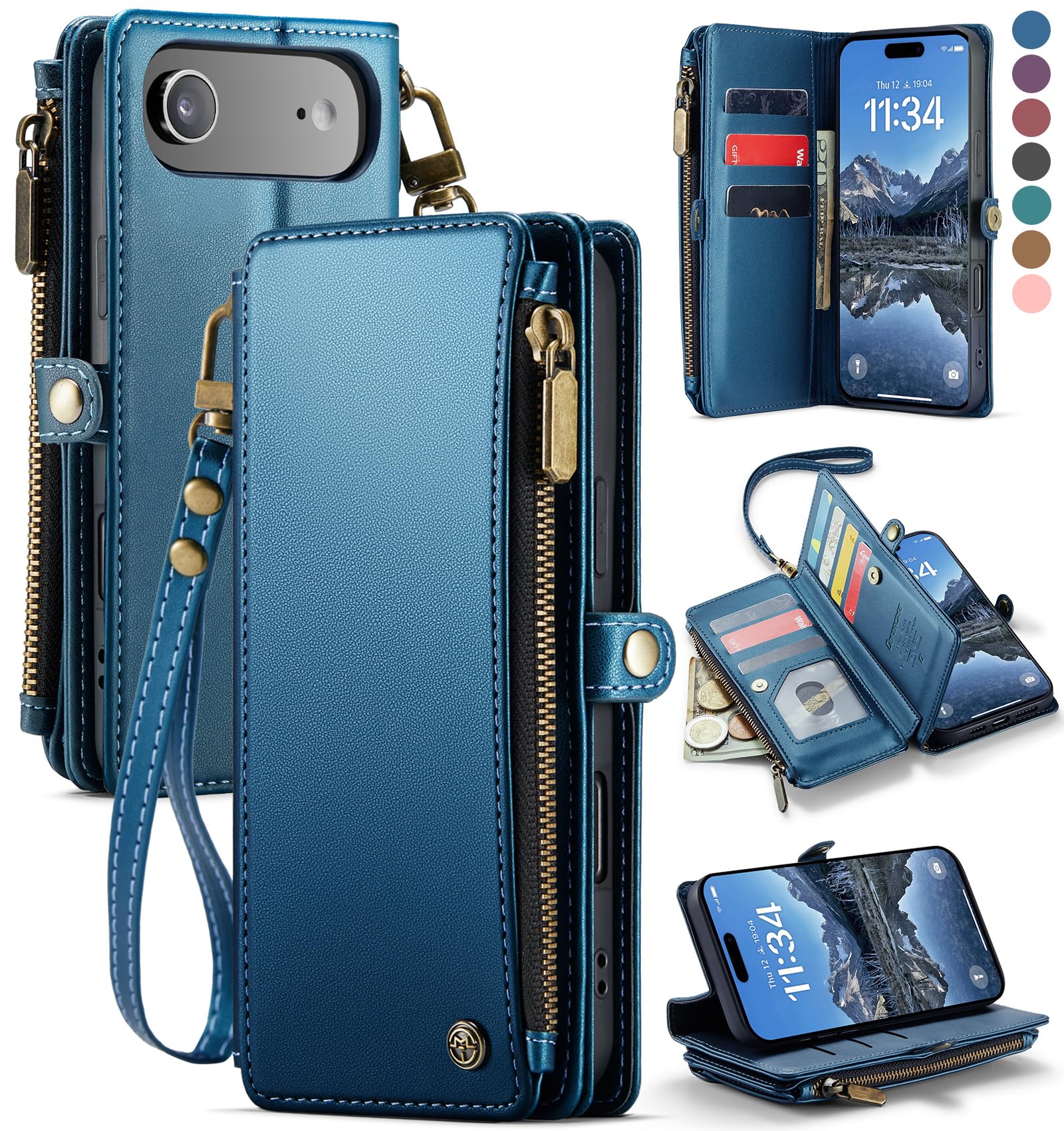 Defencase Compatible with iPhone Air Case Wallet with RFID Blocking Card Holder for Women Men, Fashion PU Leather Magnetic Snap Flip Zipper Strap Wallet Phone Case for iPhone 17 Air 6.5", Dark Blue