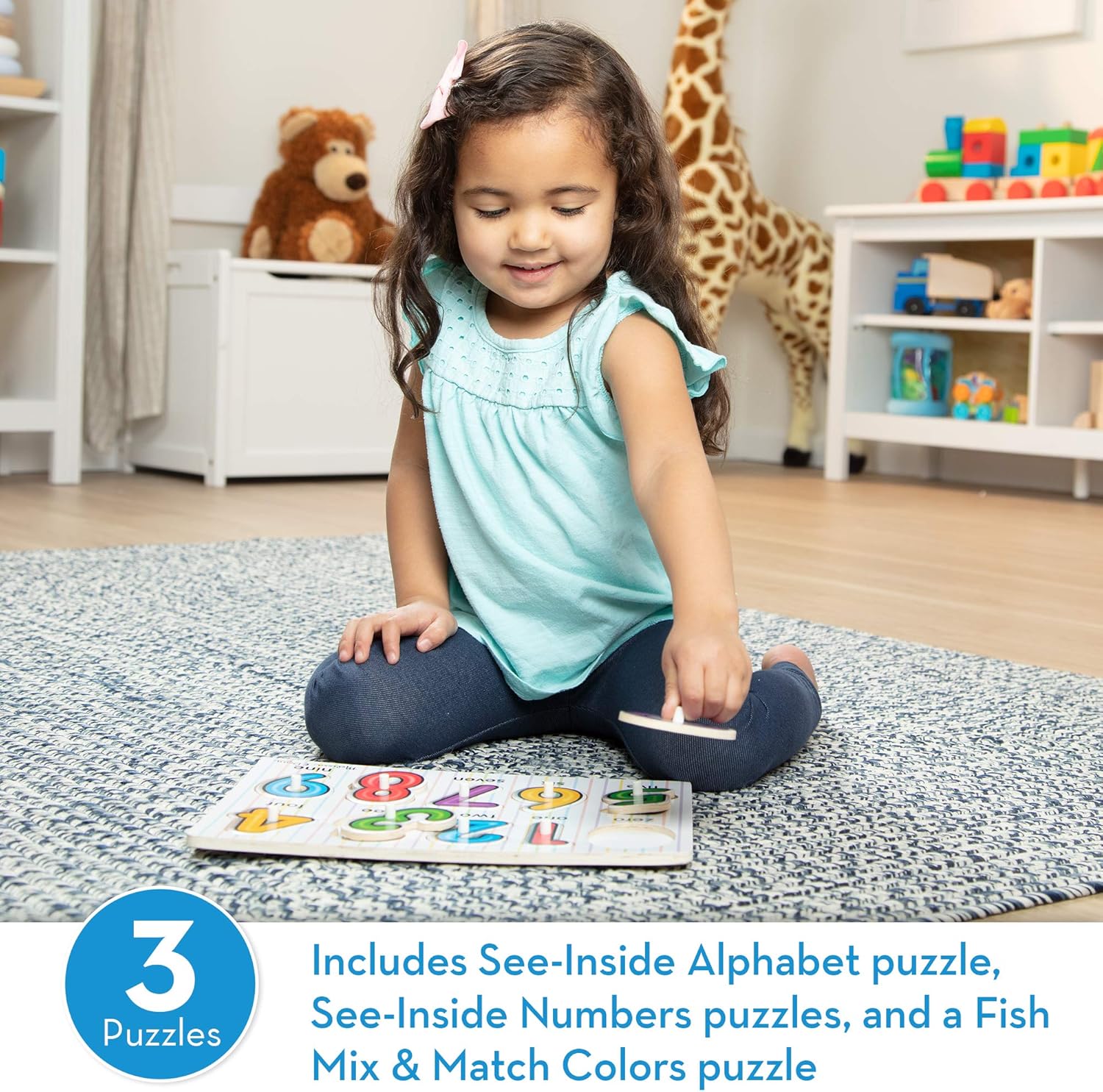 Melissa & Doug Classic Wooden Peg Puzzles (Set of 3) - Numbers, Alphabet, and Colors: Melissa & Doug: Toys & Games