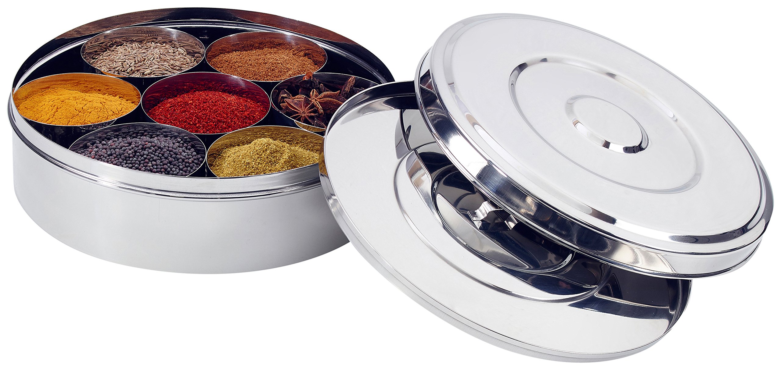 Zinel 7116 Spice Box/Masala Dabba with 7 Comparments and 2 Stainless Steel Lid, 22 cm, Silver