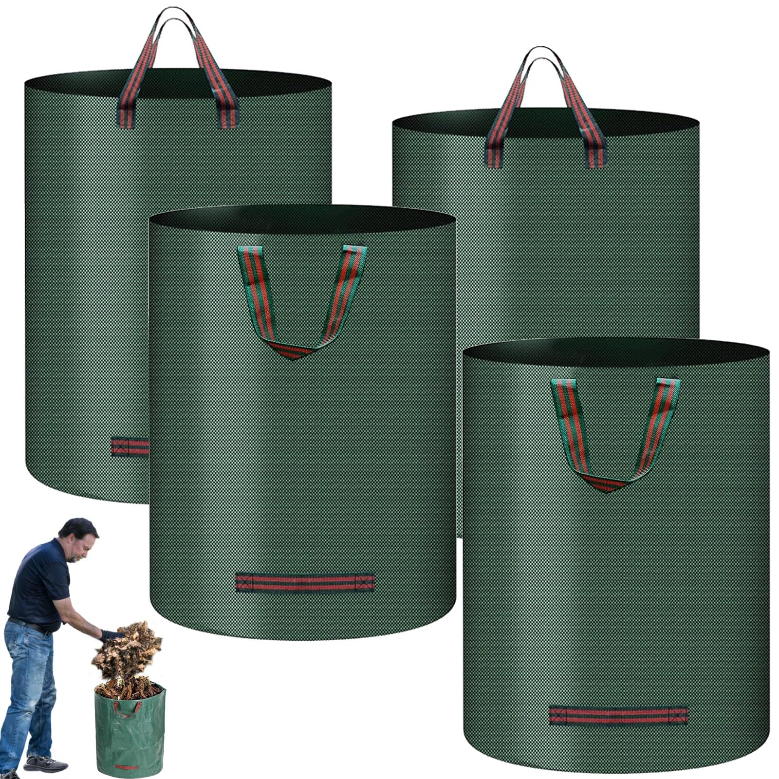 4pcs Heavy Duty Garden Waste Bags, 272 Litre Reusable Garden Garbage Sacks with Handles, Foldable Leaf Rubbish Collecting Bags, Camping Refuse Bags for Debris, Trash, Waste Plant, Grass, Leaves(Green)