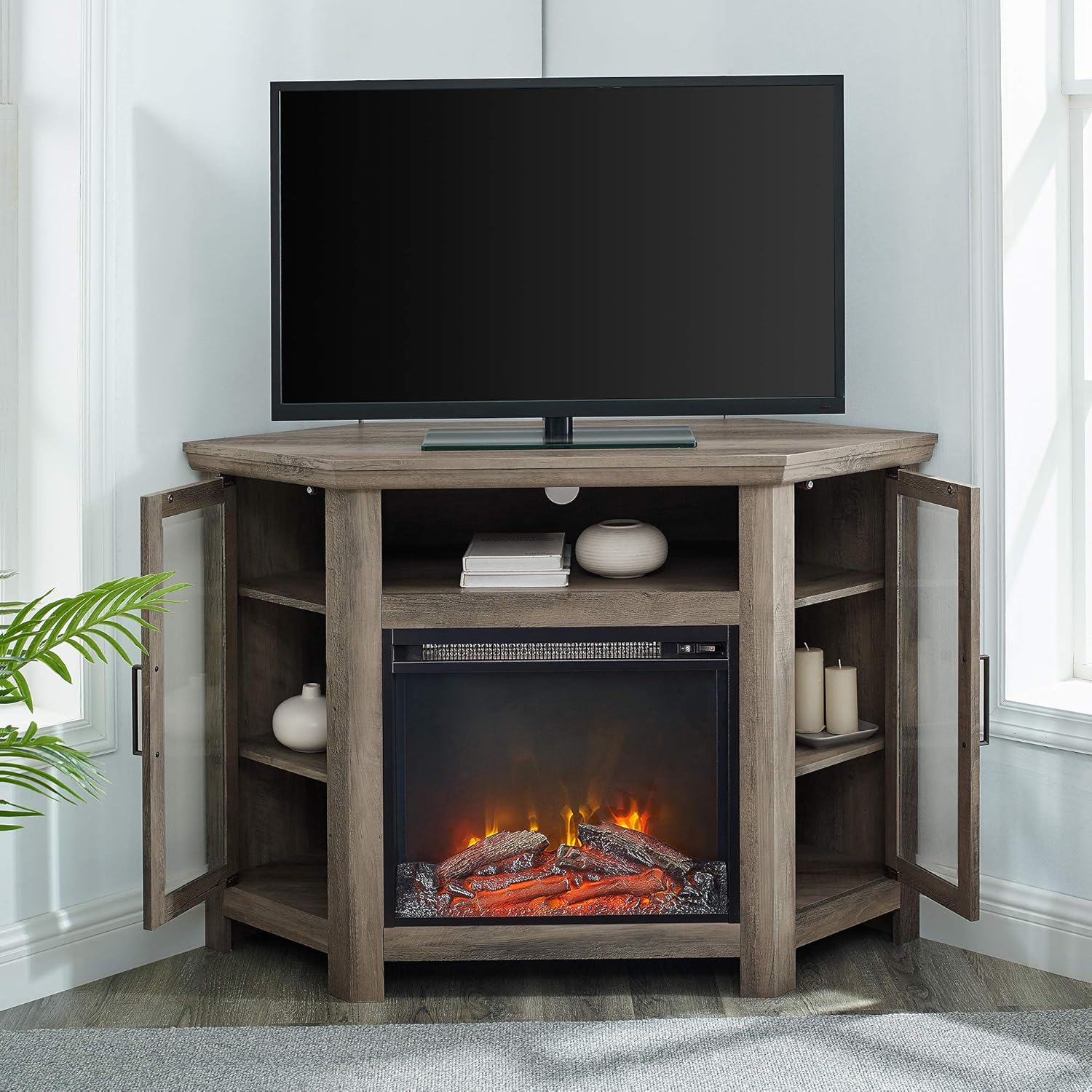 Walker Edison Alcott Classic Glass Door Fireplace Corner TV Stand for TVs up to 55 Inches, 48 Inch, Grey Wash: Furniture & Decor