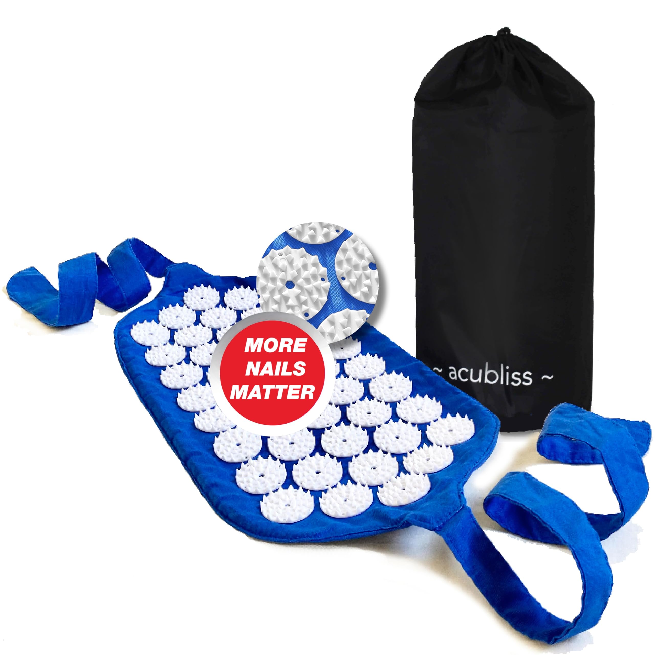 Acubliss Premium Acupressure Mat Strap — 1,848 Nails, On-The-Go Acupuncture Mat, Back Support Belt Pain Relief & Zone Therapy, Wellness Gifts for Women and Men, Stocking Fillers, Bag, 42 x 20 cm, Blue