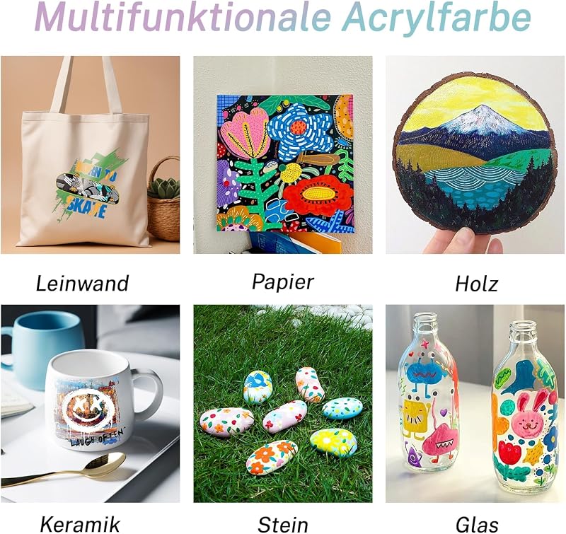Acrylfarben Set, Satz von 24 farbe 12ml Tuben, Grundlegende und Metallische Farben, Wasserfest und Lichtecht, Schnell Trocknend, für DIY Stein, Keramik, Holz, Papier — Foto 4 von 6