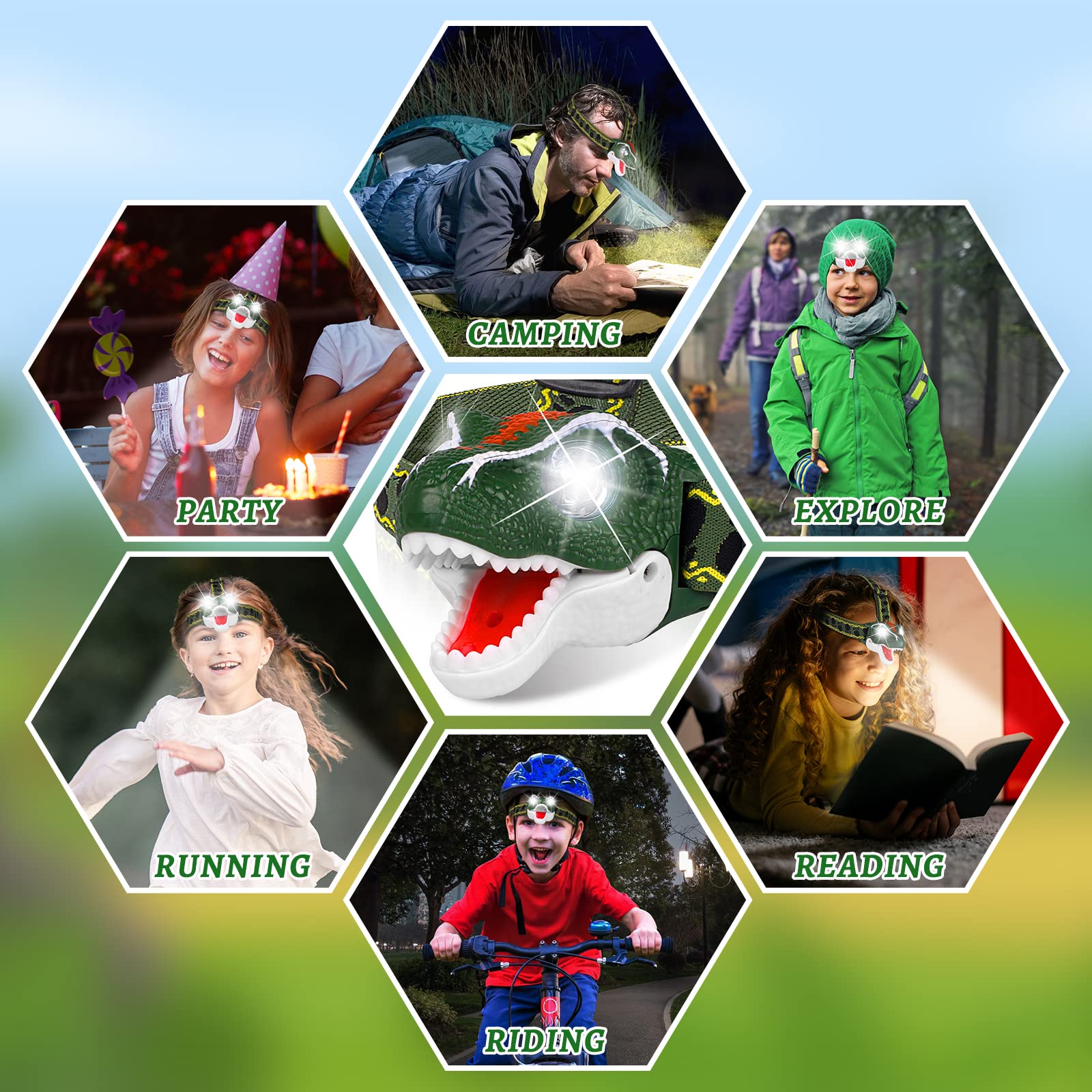 DX DA XIN Dinosaur Headlamp T-Rex LED Headlamps for Kids Flashlights Camping Gear - Dinosaur Toys for Boys Girls Toddlers Outdoor Toys for Kids Birthday Halloween Stocking Stuffers