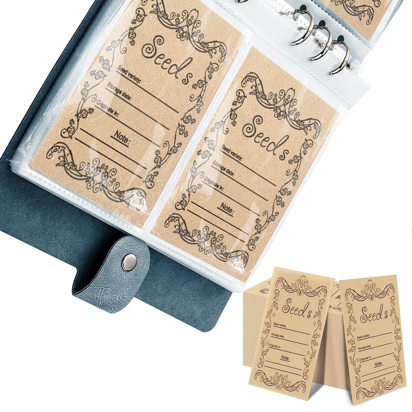 100 Resealable Seed Packets for Vegetable Storage - Self-Sealing Envelopes for Seed Saving and Organization, Grid-Style Collection Book Included（Blue）