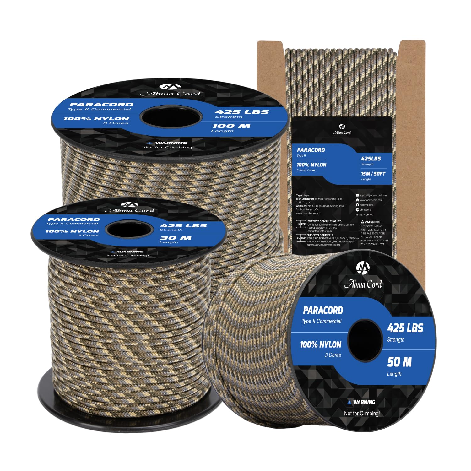 Abma Cord Paracord 3mm 100m 100% Nylon Rope Type II 3 Strands Parachute Cord - Max. 192kg (425lbs) - Woodland Camo