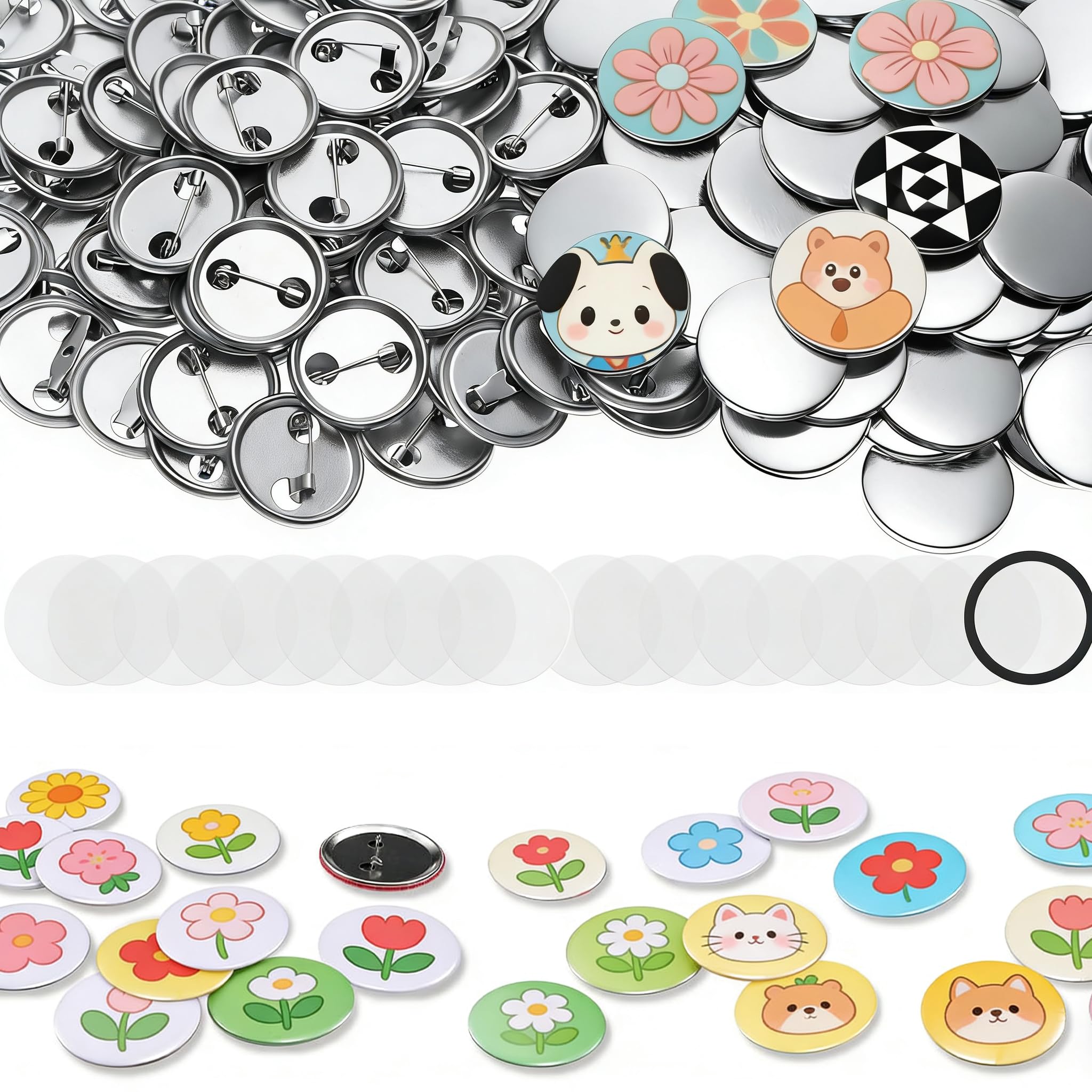 Badge Maker Supplies, 100 Sets 25mm/1inch Pin Maker Buttons, Metal Badge Making kit with Metal Shell Cover, Transparent Film