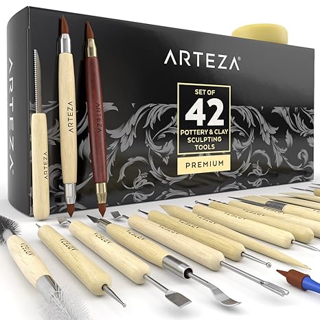 ARTEZA Töpferwerkzeug-Set | Set mit 42 Modellier-Werkzeugen | Doppelseitige Ton-Werkzeuge | Keramik-Werkzeug mit Holzgriffen 