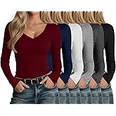 Oakgarden 6 Pack Women's V Neck Shirts Long Sleeve Top Slim Fit Casual Undershirts Layer Basic Tee Fall Outfits