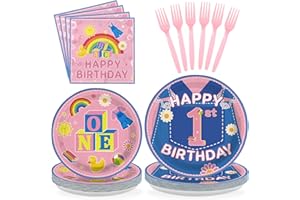 Greencian 96Pcs 1st Birthday Party Decorations Girls Pink Cartoon Teaching Plates and Napkins Cartoon English Teacher Theme Tableware Set for Girl Birthday Baby Shower Party Supplies，Serves 24