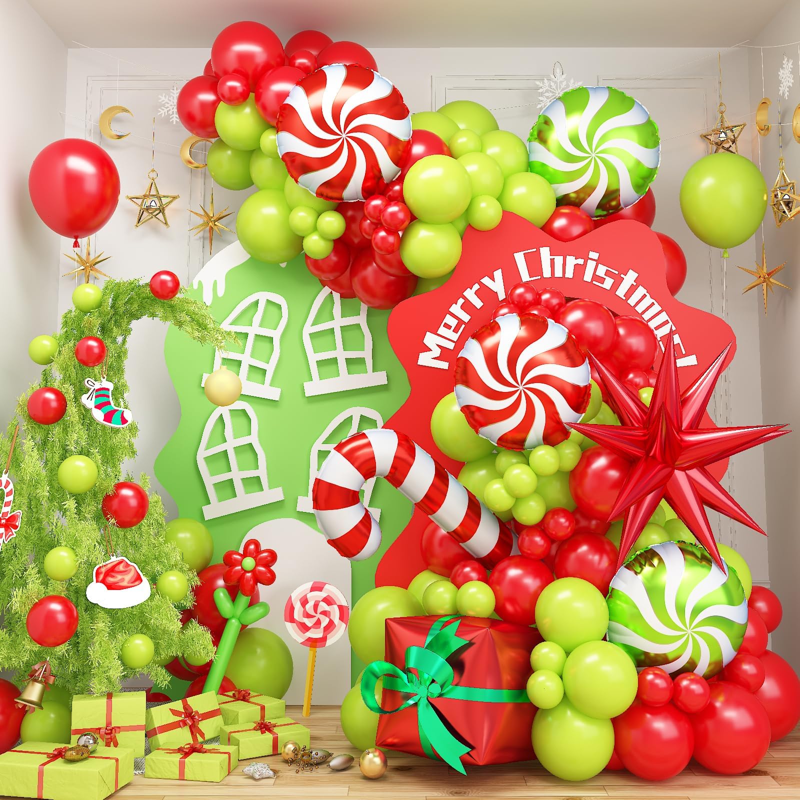 Photo 1 of **PARTIAL SET---RED AND GREEN BALLOONS ONLY**130PCS Christmas Balloon Arch Kit, Red Lime Green Christmas Garland Set with Candy Cane Explosion Star Box Xmas Foil Balloons for Kids Grinchmas Decor, Birthday, New Year Party Decorations