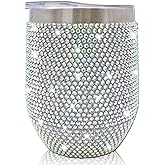 XMYAINA 12 oz Bling Wine Tumbler with Lid Rhinestone Insulated Wine Glass Tumbler Double-Wall Vacuum Stainless Steel Coffee Mug Sparkly Travel Cup for Beer Champaign Cocktail (White AB)