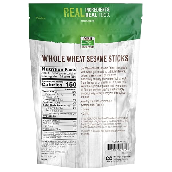 NOW FOODS, WHOLE WHEAT SESAME STICKS, PRODUCT OF THE USA, NO PRESERVATIVES, ADDITIVES OR HYDROGENATED OILS, CERTIFIED NON-GMO, 9-OUNCE (PACKAGING MAY VARY)