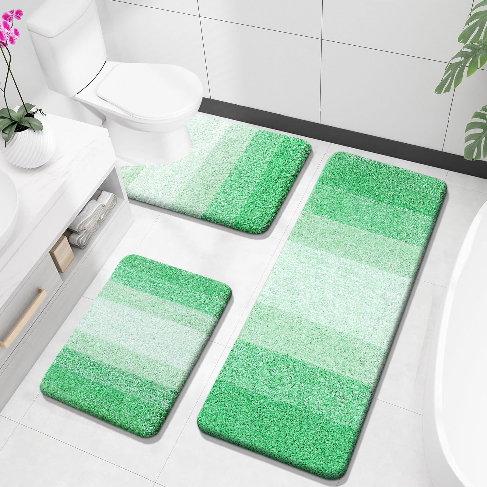 Photo 1 of OLANLY Bathroom Rugs Sets 3 Piece, Soft Absorbent Microfiber Bath Mats and U-Shaped Contour Toilet Rug, Plush Shaggy Bath Mat Set for Bathroom (47"x20"+24"x16"+24"x20", Green)