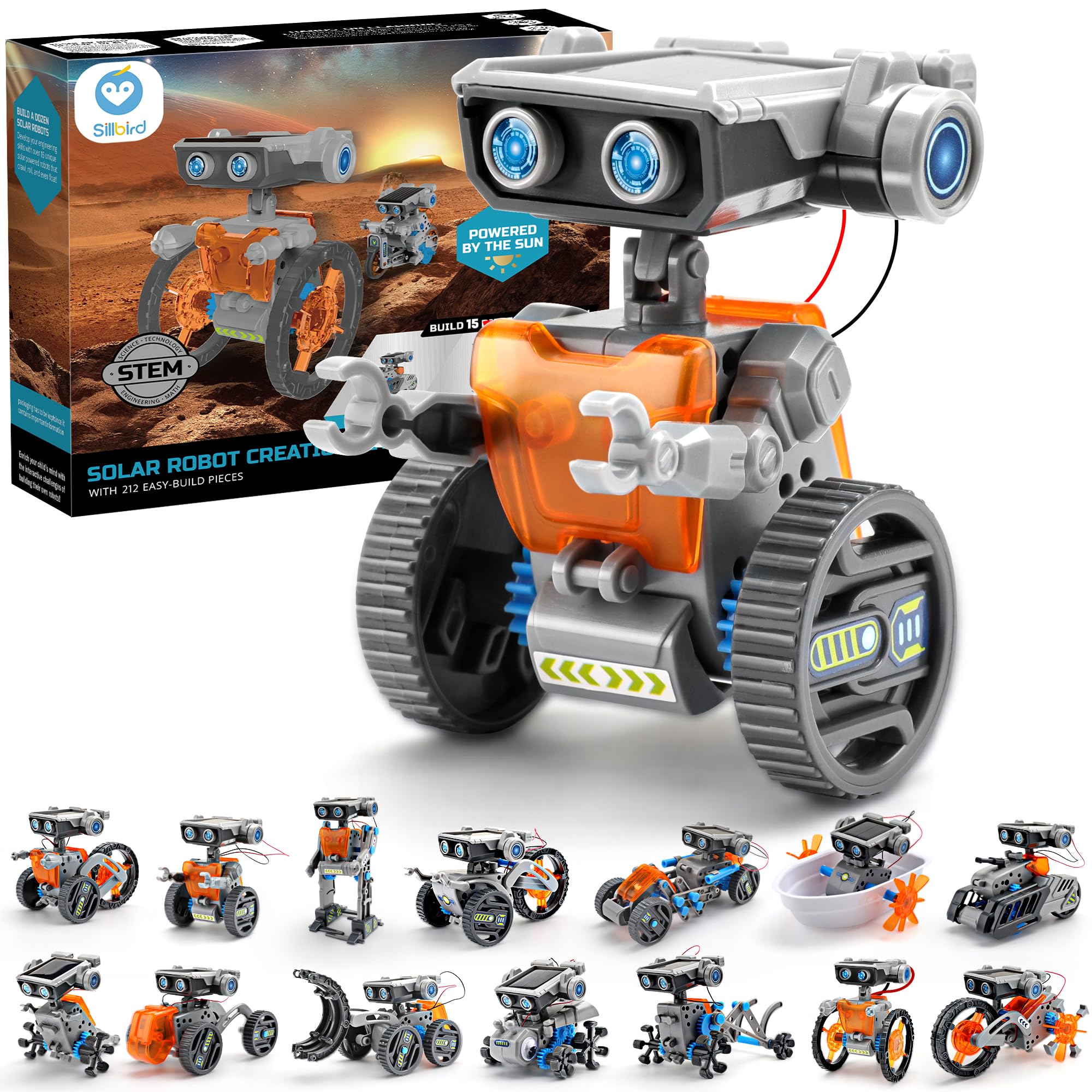 Sillbird Solar Robot Building Kit STEM Gift for Boys Aged 8-13, 15-in-1 DIY Science Educational Robotic Toy for Kids Teens Birthday, Powered by The Sun or Battery with 212 Pieces