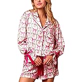 AINAC Women 2 Piece Christmas Pajamas Set Silk Satin Nutcracker Pajamas Cute BowLong Sleeve Shirt and Shorts Lounge Set