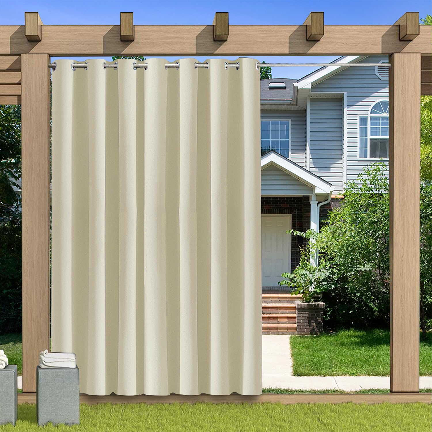 KUZRZNH Outdoor Curtain Opaque Waterproof Weatherproof Blackout Outdoor Curtains with Eyelets Privacy Screen Sun Protection Curtain for Patio Balcony Gazebo, Beige, 1 Piece, 381 x 259 cm (W x H)