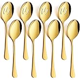 LIANYU 8-Piece Large Gold Serving Spoons and Slotted Utensils, 9.8Inch Stainless Steel for Party Buffet Restaurant Banquet Di
