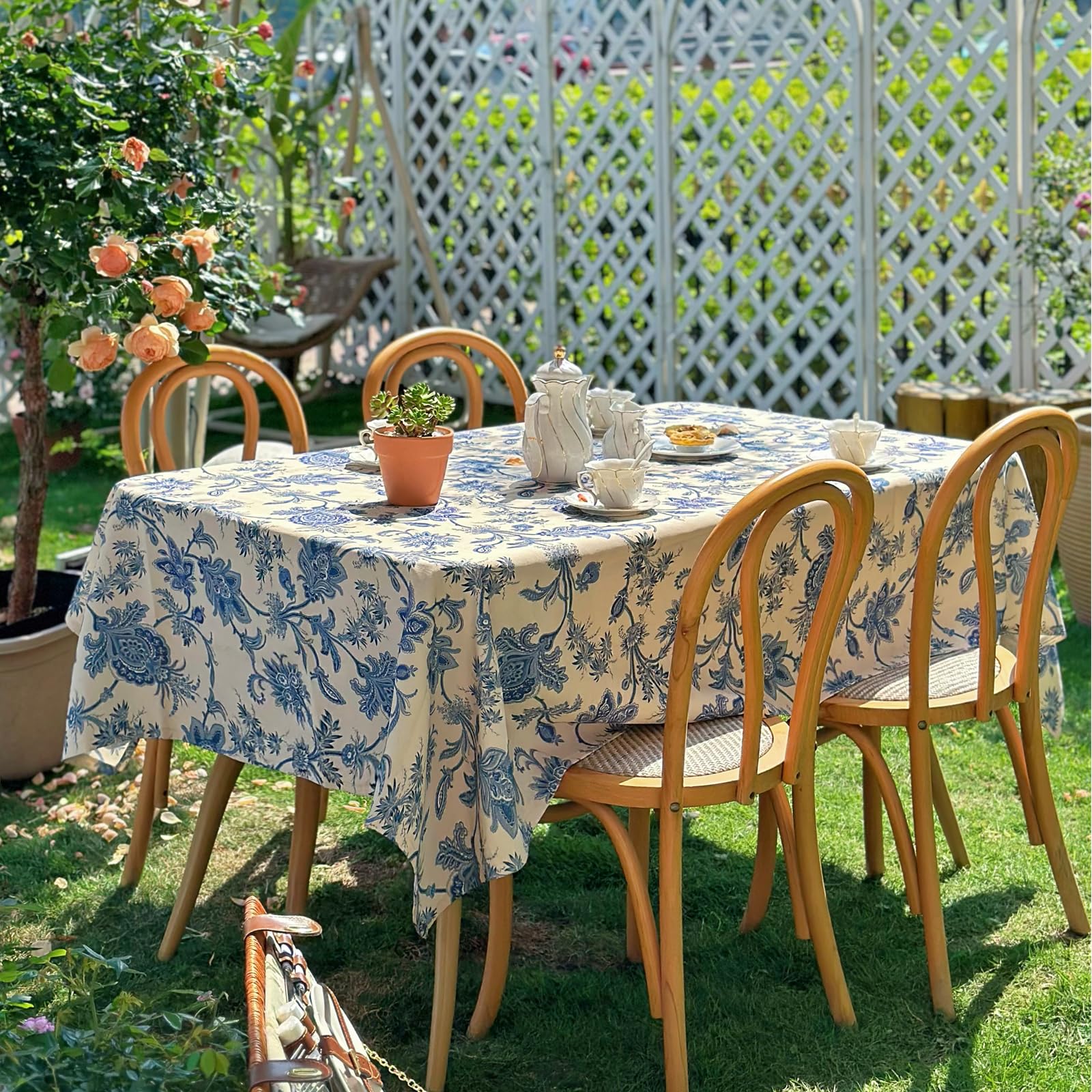 Photo 1 of ZIWUROAD Floral Rectangle Outdoor Tablecloth, Thick Waterproof Table Cloth, Decorative Dining Table Cover for Picnic, Farmhouse, Wedding, Easter, Party - 60'' x 108'', Blue Flower