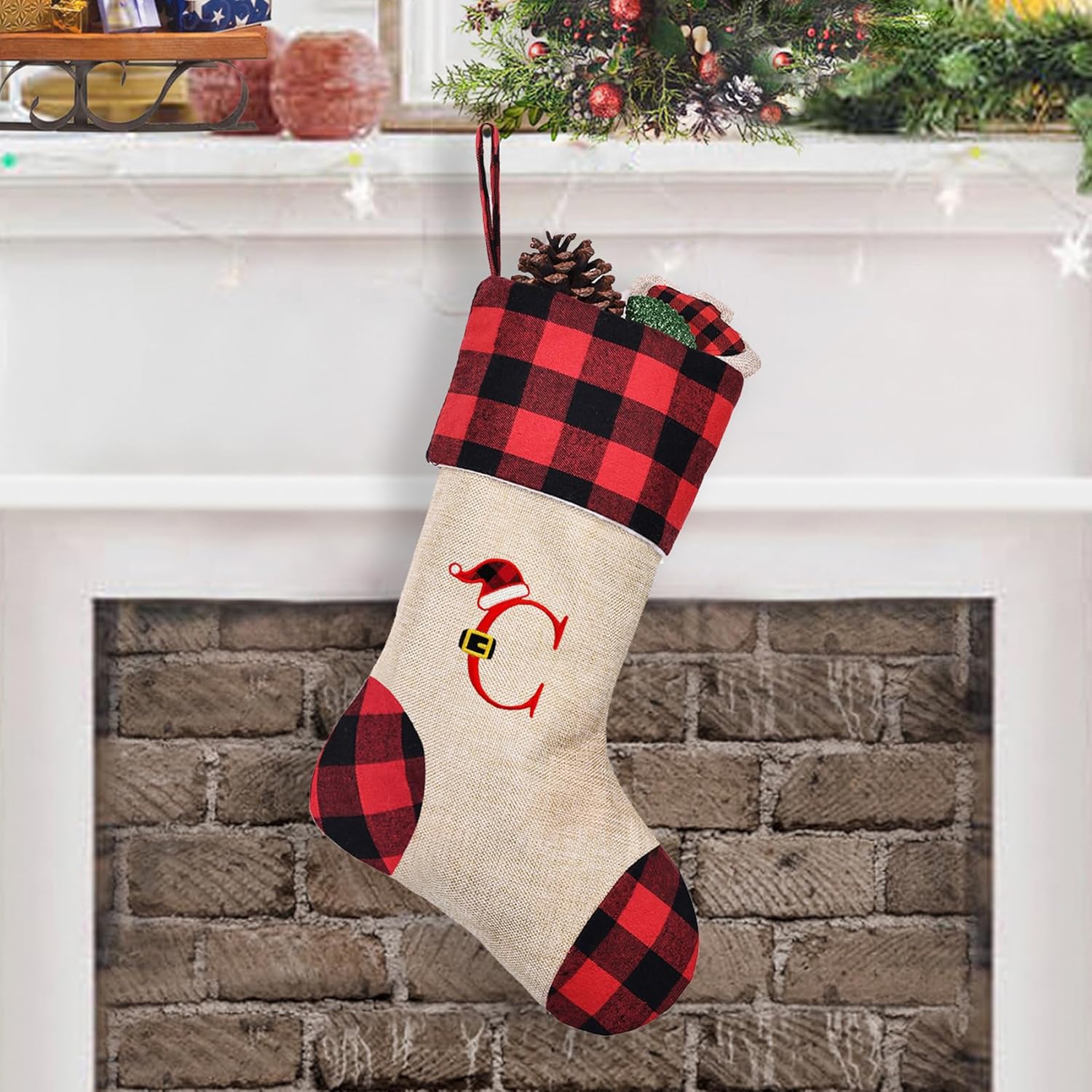 Stockings & Holders - CARAKNOTS Black and Red Monogram Christmas Stocking 1 Pack Personalized Christmas Stockings with Initials Burlap Plaid Letter C Initial Stockings Christmas for Kids Family Xmas Holiday Fireplace