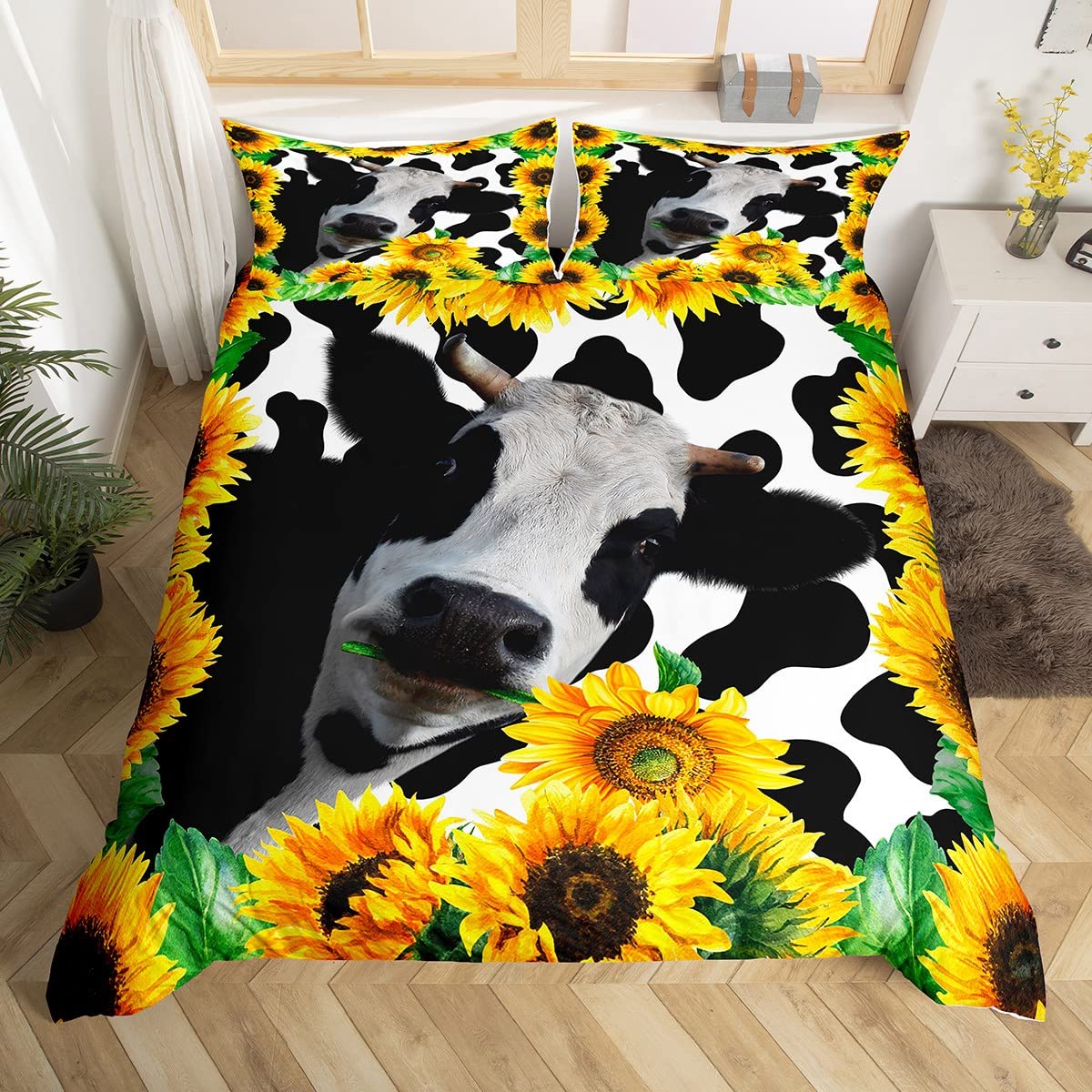 Cow Bedding Set King Size, Yellow Sunflowers and Milk Cow Print Duvet Cover Set Natural Country Animal Style Bedding Set for Kids Gift, Floral and Cow Print Bedspread + 2 Pillowcases
