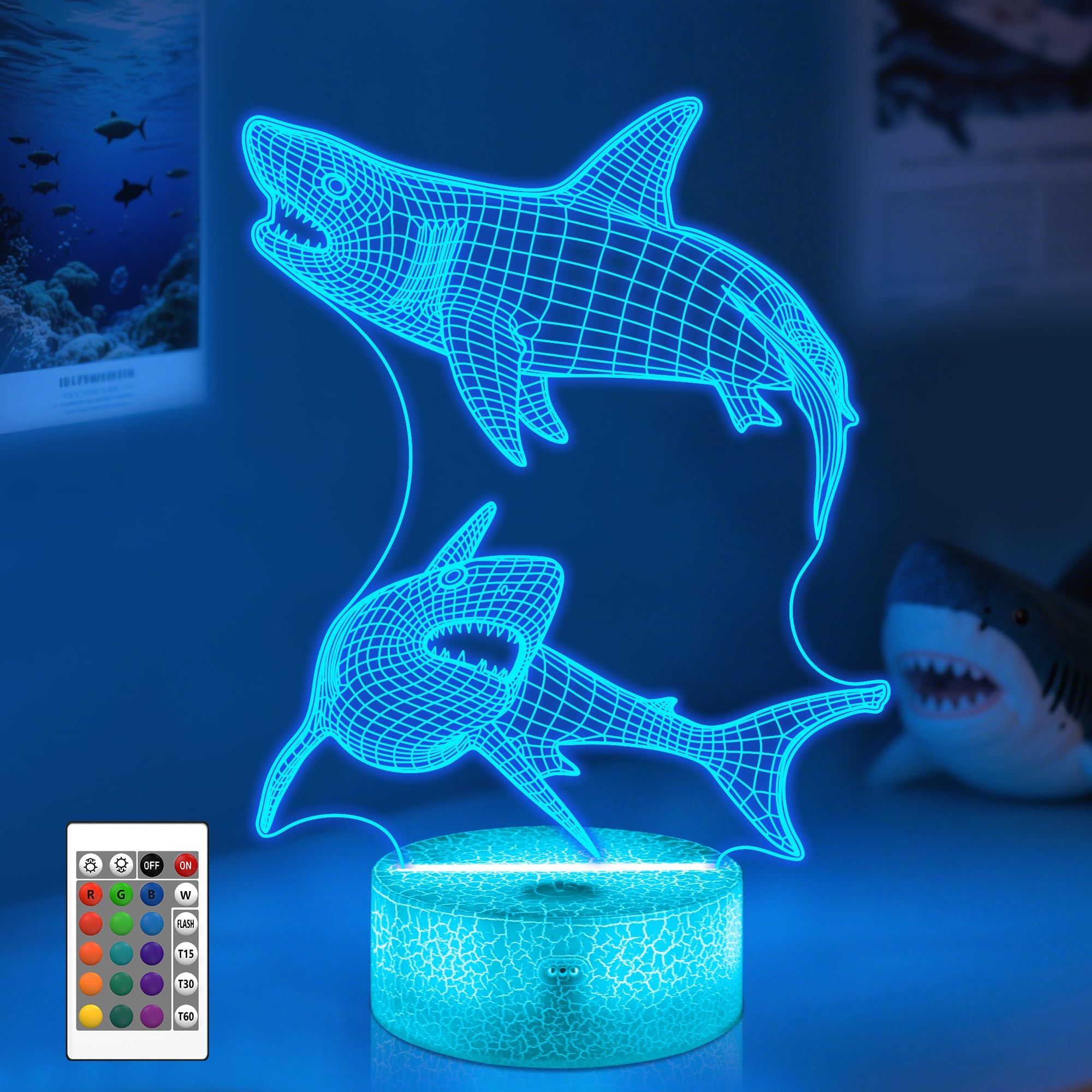 CooPark Shark 3D Night Light, Illusions Lamp with Remote Control 16 Colors Changing Table Desk Decor Lamp Bedroom Children Room Decorative Best Festival Birthday Gifts for Toddlers Boys Child