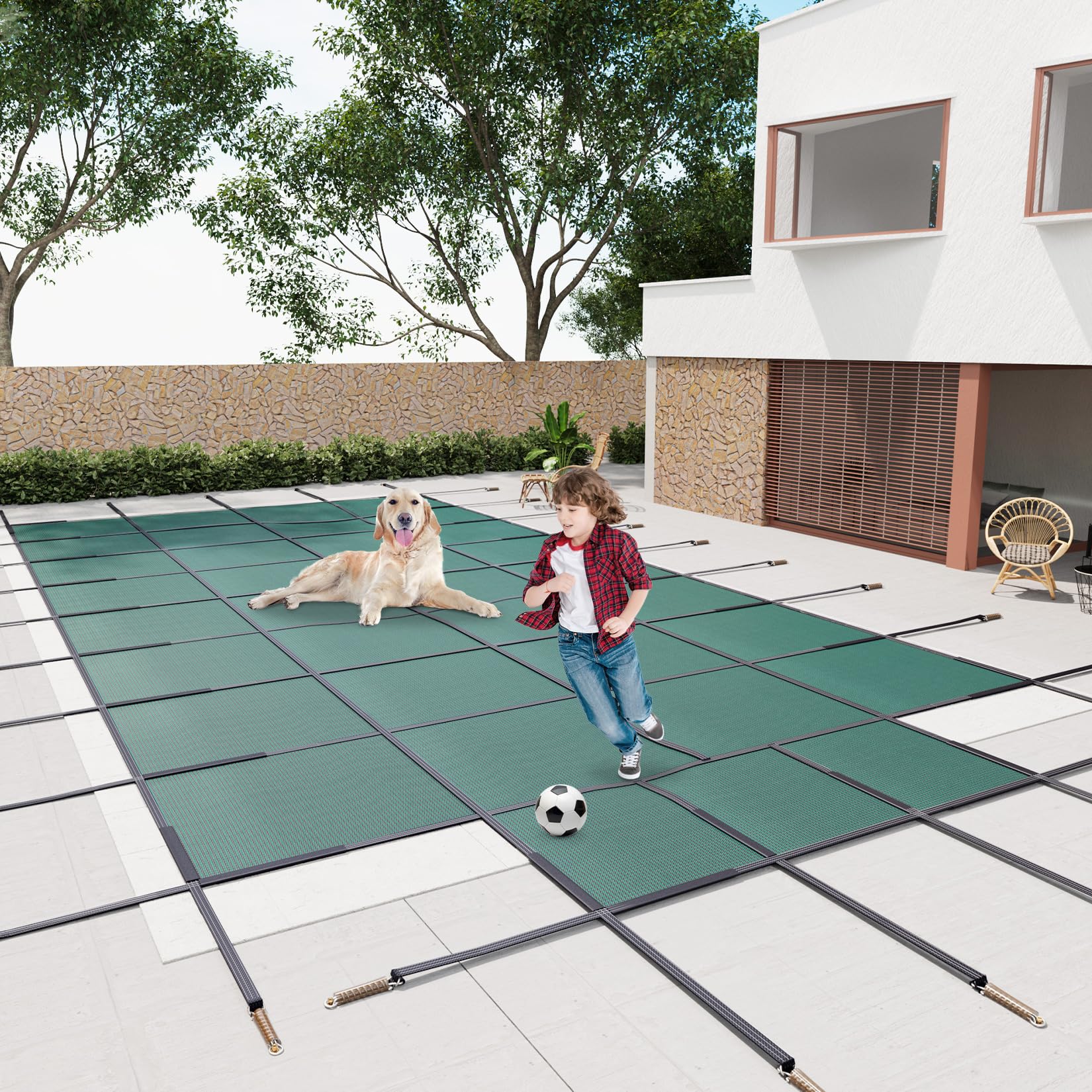 Photo 1 of GarveeLife Winter Pool Safety Cover 20x40 Ft Rectangle for Inground with 4x10FT Center End Steps, Pool Covers for Children/Pets Care with 500 LBS Weight Capacity, High Strength PP Material, Green