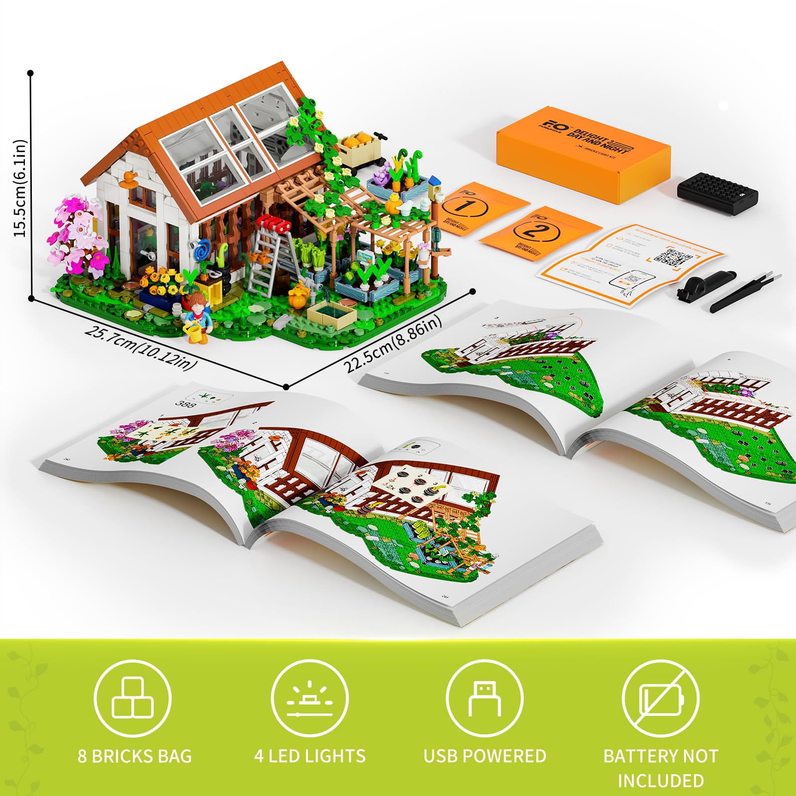 FUNWHOLE Botanisches Gewächshaus Beleuchtetes Baustein-Set – Farm Blumenhaus mit LED Licht, Modularer Modellbausatz, 1428 Teile für Erwachsene und Jugendliche, die Blumen und Pflanzen lieben 6