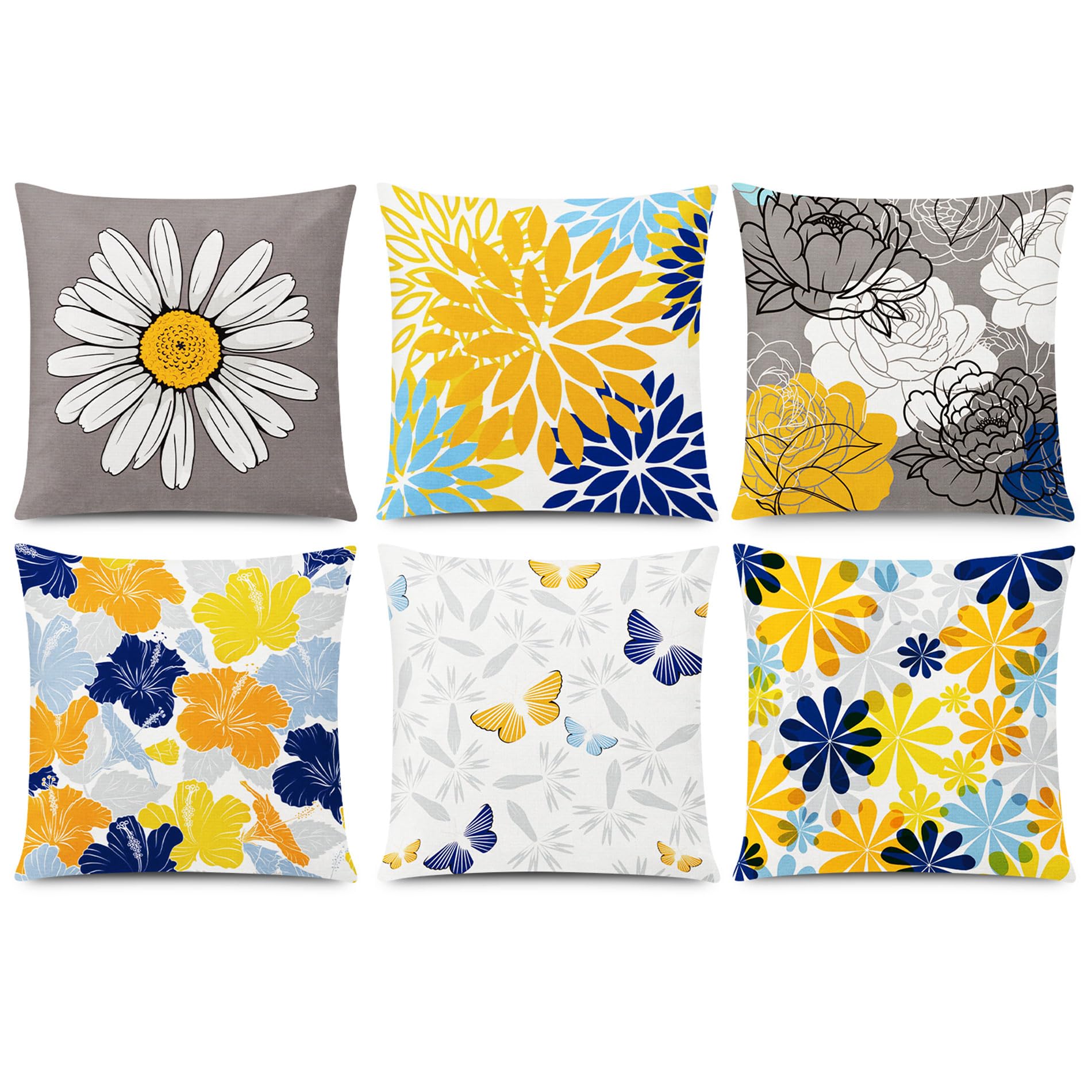Photo 1 of Blue Orange Pillow Covers 16x16 Set of 6, Yellow Blue Throw Pillow Cover for Couch, Daisy Dahlia Flower Pillowcase for Sofa Bedroom Living Room Farmhouse Home Decor