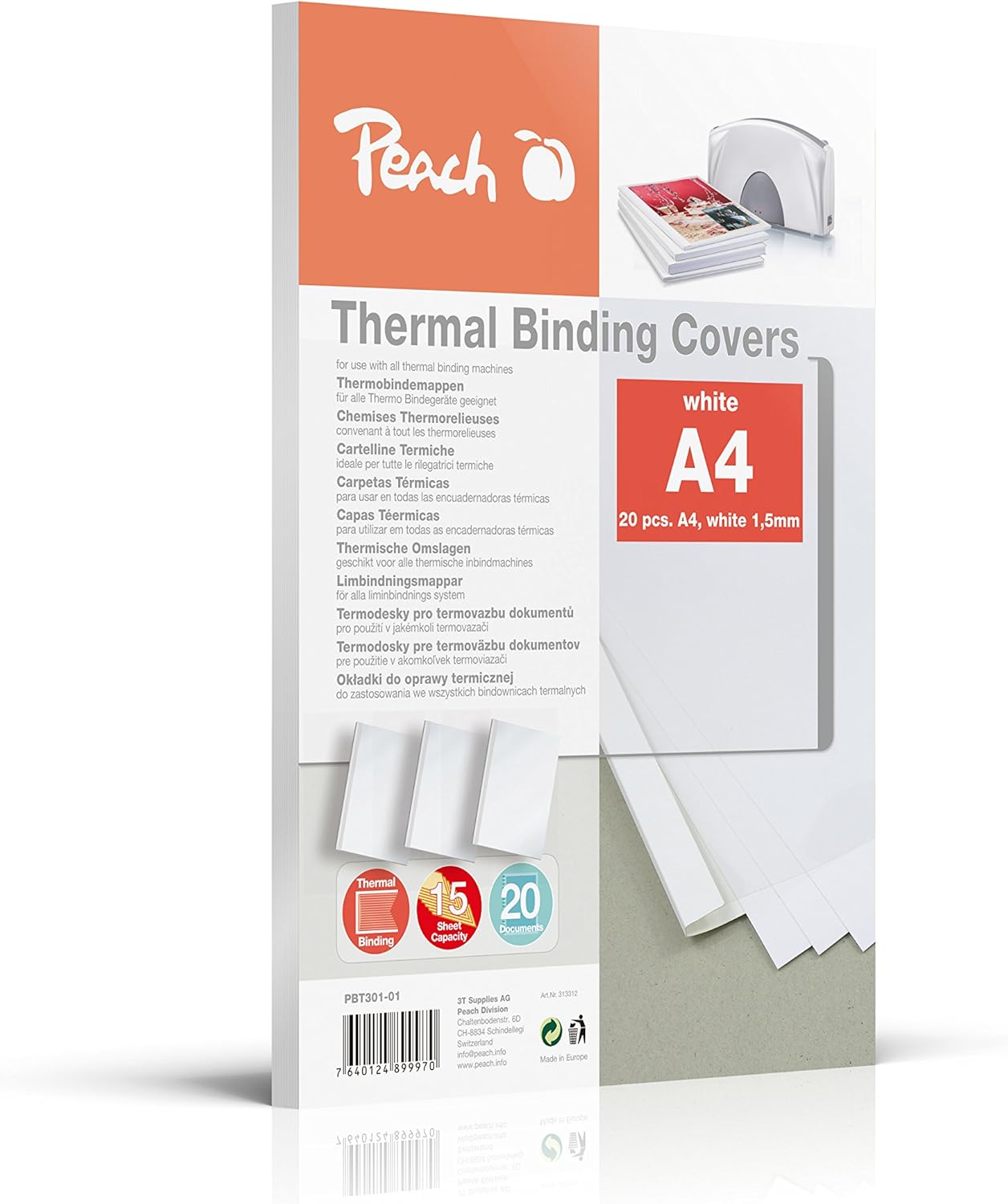 Peach Thermal Binder Cover, white, for 15 sheets (A4, 80 gsm), 20pack