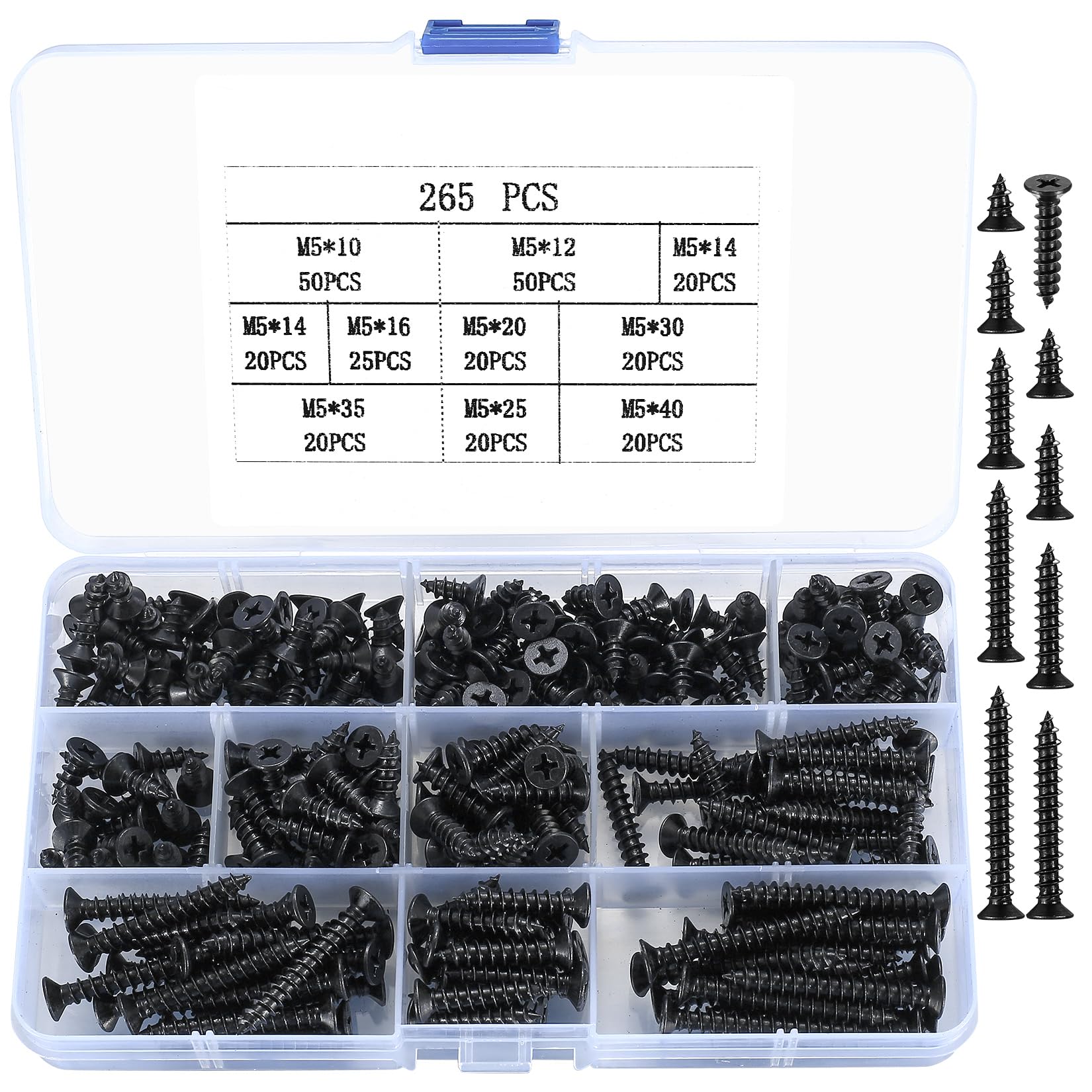 265 Pcs M5 Wood Screws Assortment Kit, Flat Head Phillips Self Tapping Screws, Assorted Countersunk Screws Drywall Screws for Wood, Furniture, Sheetrock, Repairs, DIY Project - Black (265)