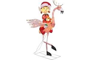 Haute Decor 42-inch Tall Pink Flamingo with Girl Elf Rider Outdoor LED Lighted Christmas Holiday Yard Display